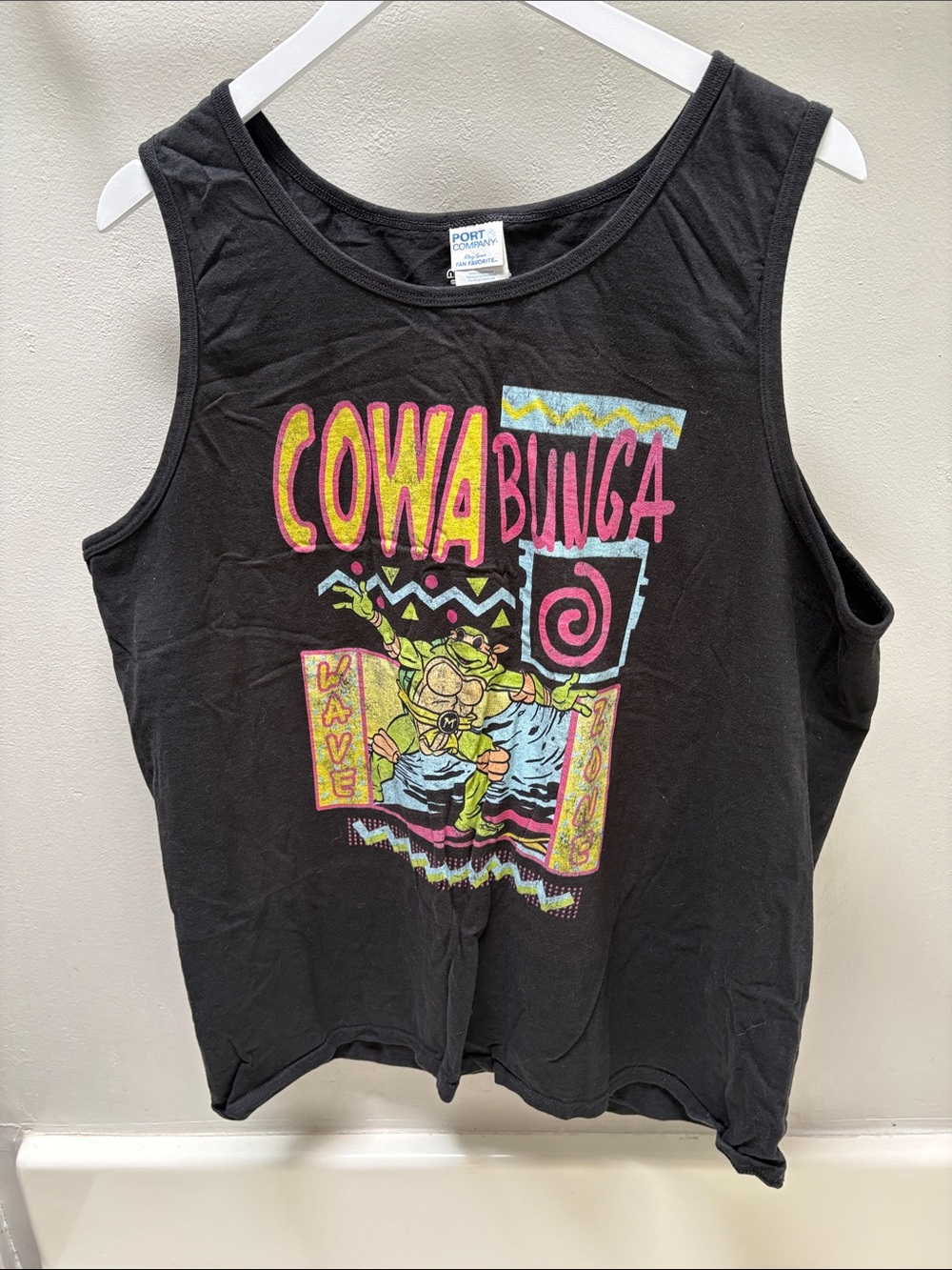Port and Company Black Tank Top with 'Cowabunga' Neon Graphic